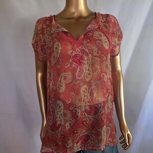 Liz Claiborne Coral Paisley V-Neck Short Sleeve Blouse